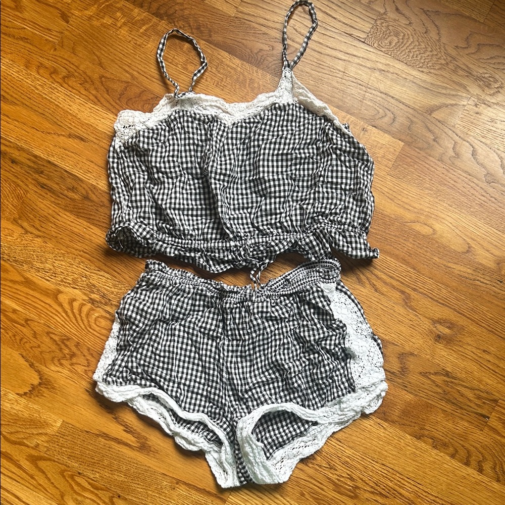 GAP Black & White Gingham Lace-Trim Cami Pajama Set